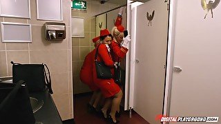 Charming stewardess Luna Corazon sucks dick and fucks in bathroom