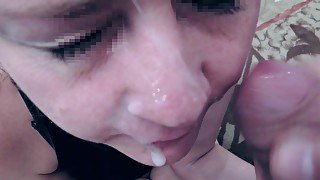 Close up blowjob from milf ended thick cumshot on her pretty face