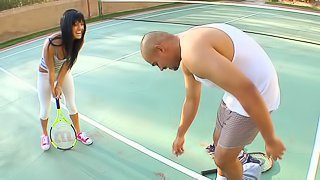 Sadie West sucks a big black cock on the tennis court