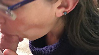 Wife in turtleneck sweater sucking cock with massive facial- viewer request