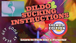 Dildo sucking instructions, the shemale has a big tasty cock and you are going to suck it