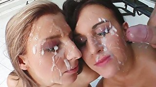 Two lascivious bitches show off their cock sucking skills