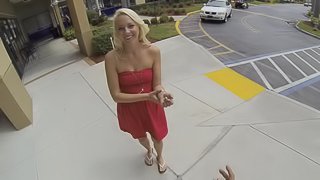 Busty blonde porn hottie treats cock a hot and nasty outdoor blowjob