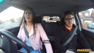 Driving instructor lets a brunette ride his meaty gear lever