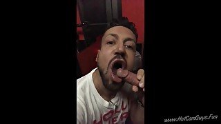 Cute guy sucks hung cock through gloryhole, gets cum in his mouth like a good boy.