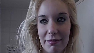 Blonde Is Fucked By Three Guys In The Video Store And Has To Blow