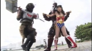 Cute Asian girl in a sexy costume gets used by masked guys