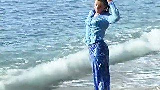 Wetlook - Louise In A Blue Cotton Blouse And Long Skirt In The Sea