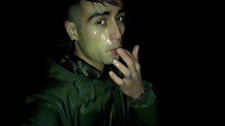 Night outdoor walking with face covered by cum and cum tasting (full vid)