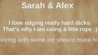 Edging bound cock handjob with oil and ice to a ruined orgasm - Sarah&Alex