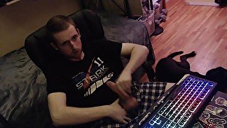 Gay young stud jerks off huge uncut cock on cam (no cum) horny clothes on