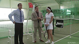 Watch how she enjoys DP as she handles two cocks on the tennis court