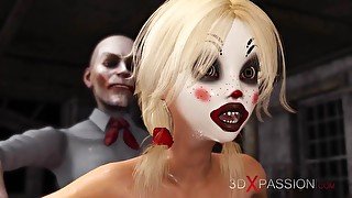 Joker bangs rough a cute sexy blonde in a clown mask in the abandoned room