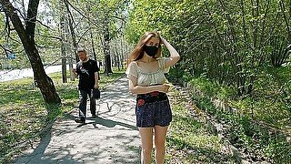 Hot teen walks without panties and flashes tits and bare butt to strangers