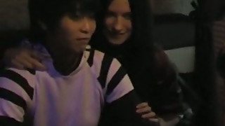 Korean dude polishes the wet pussy of kinky amateur brunette on Xmas Eve