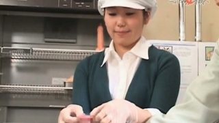 Asian baker girl learns to rub dick and put on a condom