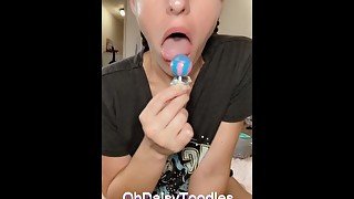 Cute Petite Hippie sucks on Sucker like it’s Dick