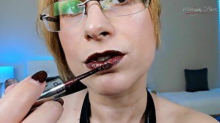 Metallic brown lipstick application and lip tease