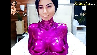 Cam Girl Nake In Purple Body Paint With Nice Titties