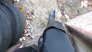 strutting around in my trashed leather thigh boots