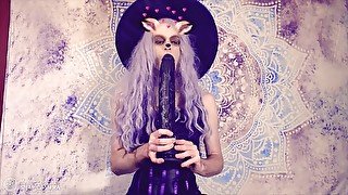 Gothic Witch Takes Three Large Dildos