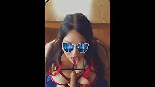 POV Sloppy Vampire BJ and Titjob under a desk (topless, stripping)