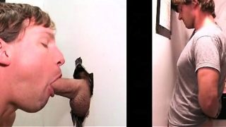 Blonde gay fellating giant dick on gloryhole