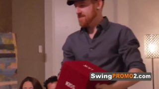 Redhead wife seems to enjoy the swing party once in the red room