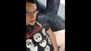 Smoking milf Almost caught fucking my pussy with tire gauge in parking lot