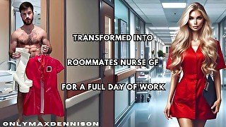 Transformed into roommates nurse gf for a full day of work