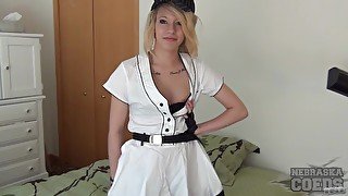 casting a pretty college teen cosplaying with a baseball outfit and masturbating with a dildo