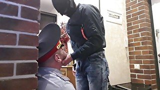 TOUGH SKINHEAD from the THRESHOLD fucks the THROAT of a POLICEMAN with BIG DICK