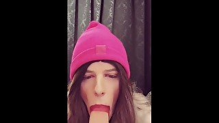 Dumb sissy slut smears her lipstick all over her dildo