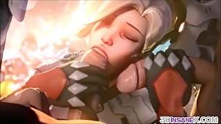 Naughty big boobs blonde super hero from Overwatch called Mercy gets to heal dicks