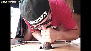 Gloryhole DILF sucks and jerks POV in interracial duo