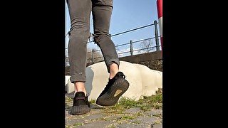 Blond teen boy public shoes socks and juicy feet play