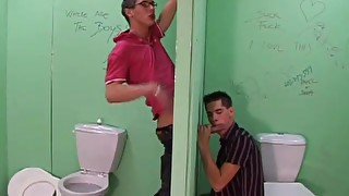 Bareback anal sex between young men in bathroom