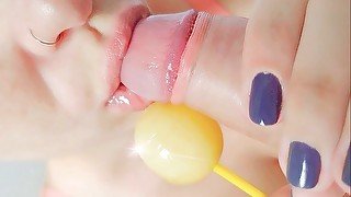 Hot stepdaughter sucks perfect blowjob with lollipop - Close Up