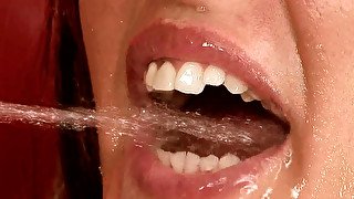 Lascivious brunette babe gets her mouth filled with pee after anal fuck