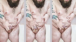 Bearded tattooed midget in bathroom cum three times