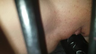 Squirting and masturbating on chair with huge dildo