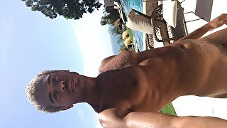 Sexy Gay God Naked Poolside in Mansion With Public Ocean View Huge Cock