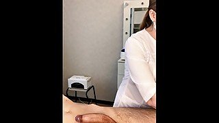 The patient CUM powerfully during the examination procedure in the doctor's hands