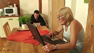 Blond mature nailed by daughter's hubby on the table