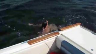 Nudist mature couple having sex on the boat