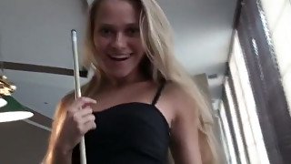 Outrageous amateur blondie flashes her shaved pussy