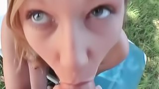 Amateur blonde masturbates then fucked outside by a big cock