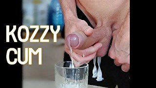 Jerking a huge cum load in a glass and cum drinking