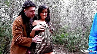 Crazy threesome with skinny Milf and big cocks in the forest