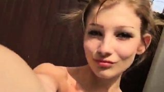 Petite Stepsister having fun in the pool and masturbates